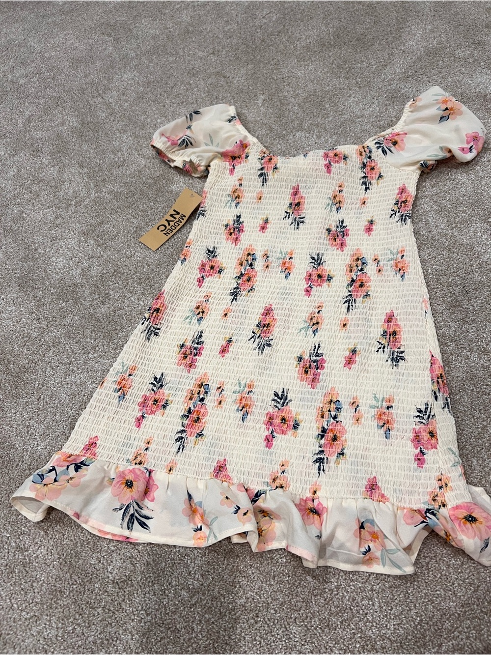 NYC Girls Cream Floral Smocked Mini Dress with Pink Blooms - Picture 5 of 6